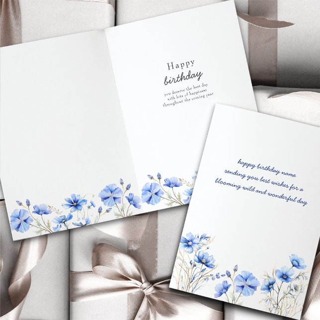 Cartão Aniversário de Floral Azul Selvagem Simples (Feminine blue wildflowers handwritten personalized birthday card)