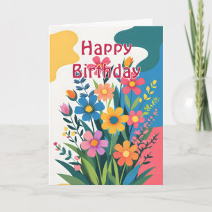 Cartão Aniversário de Flores Corajosas e Coloridas de Pri