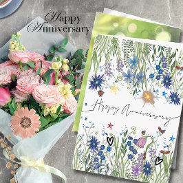 Cartão Aniversário de Flores Silvestres em Aquarela Azul