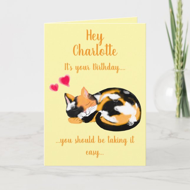 Cartão Aniversário de Folga de Gato Sonolento (Frente)