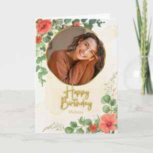 Cartão Aniversário de Foto em Círculo com Rótulo Floral V