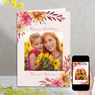 Cartão Aniversário de Foto Personalizada Floral de Outono
