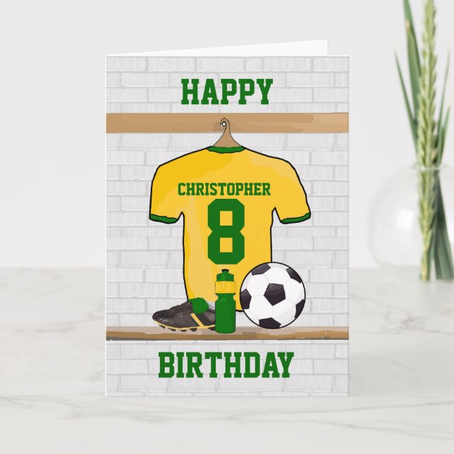 Cartão Aniversário de Futebol Verde Amarelo Jersey (Frente)