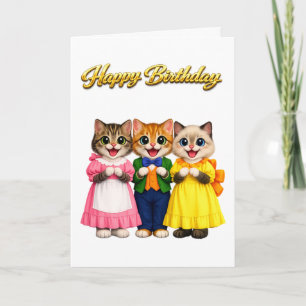 Cartão Aniversário de Gatinhos Estilo Vitoriano Colorido