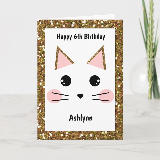 Cartão Aniversário de Gato com Brilho Rosa e Dourado (Frente)
