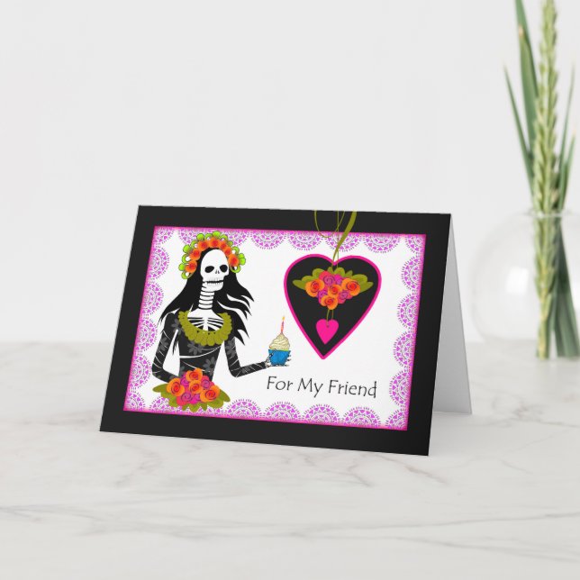 Cartão Aniversário de gótico para Amigo, Lady Skeleton, C (Frente)
