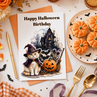 Cartão Aniversário de Halloween Bruxa Gato Saudação