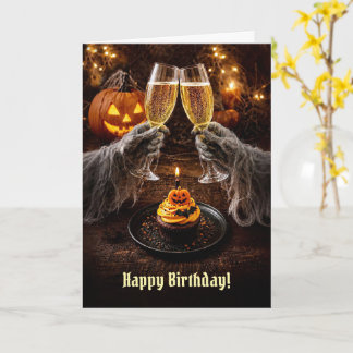 Cartão Aniversário de Halloween com Champanhe de Cupcake 