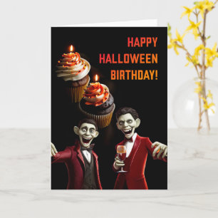 Cartão Aniversário de Halloween com Cupcakes e Espíritos