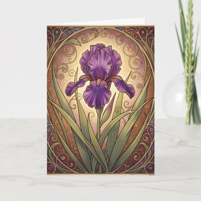 Cartão Aniversário de Íris Roxa Art Nouveau (Frente)