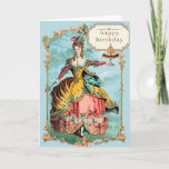Cartão Aniversário de Maria Antonieta<br><div class="desc">Um belo cartão de aniversário da Marie Antoniette enquanto ela tem um bolo de aniversário. Ela está numa linda paisagem. Imagens são de uma placa gráfica e de moda do século 18.</div>