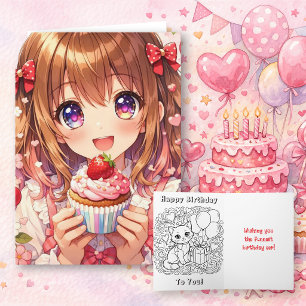 Cartão Aniversário de Menina Anime Fofa e Página para Col