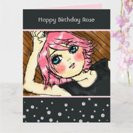 Cartão Aniversário de Menina com Cabelo Rosa e Diamantes