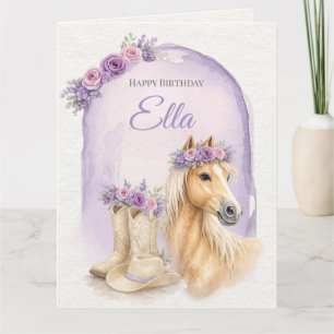 Cartão Aniversário de Menina com Cavalo Floral Roxo