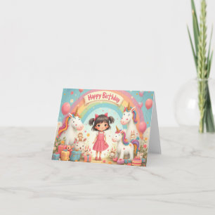 Cartão Aniversário de Menina com Unicórnios & Arco-íris