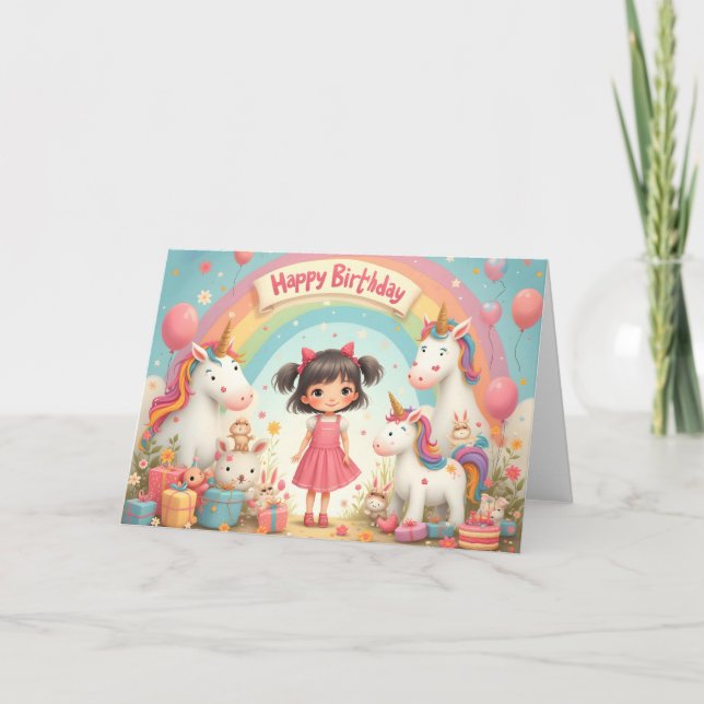 Cartão Aniversário de Menina com Unicórnios & Arco-íris (Frente)