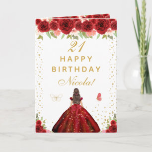 Cartão Aniversário de Menina de Cabelo Castanho com Flora