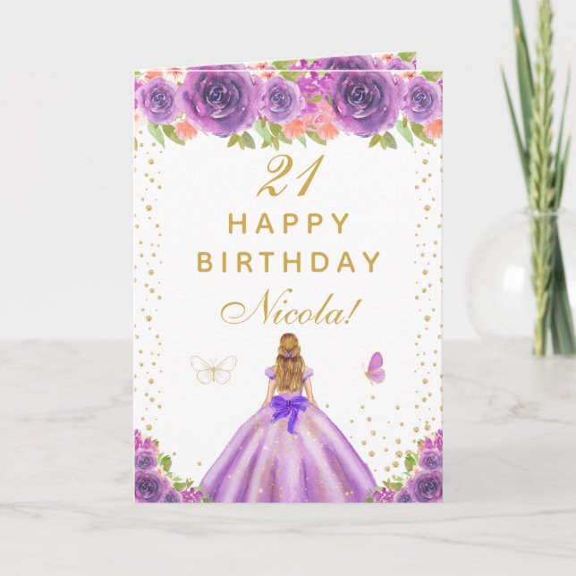 Cartão Aniversário de Menina Loira com Flores Roxas (Frente)