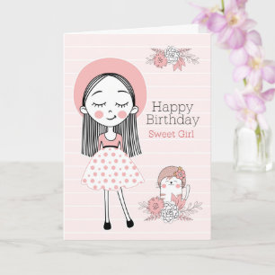 Cartão Aniversário de Menina Rosa e Preto com Nome e Gato