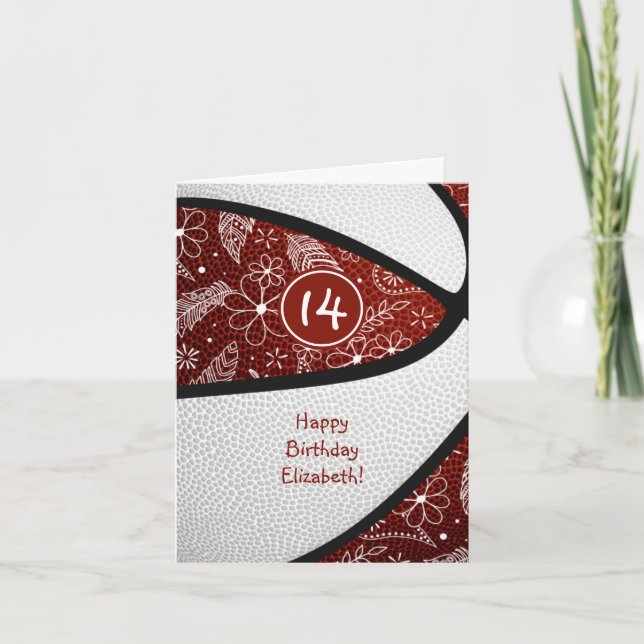 Cartão aniversário de meninas de basquete maroon com flor (Frente)