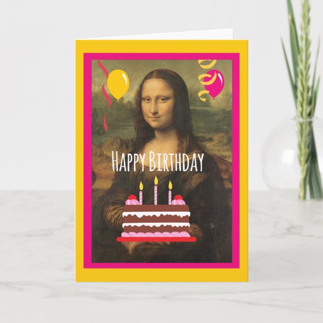 Cartão Aniversário de Mona Lisa com bolo e balões (Frente)