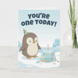 Cartão Aniversário de Pinguim   Primeiro Aniversário Pers