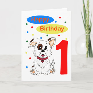 Cartão Aniversário de Um Ano do Bebê Cachorrinho Fofo e C