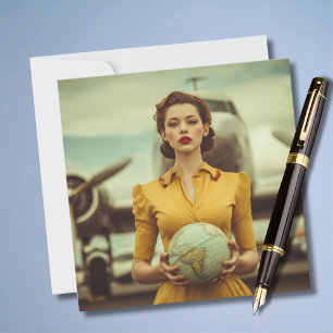 Cartão Aniversário de Viagem Vintage Retro Mulher Avião C