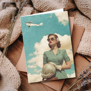 Cartão Aniversário de Viagem Vintage Retro Mulher Mapa &