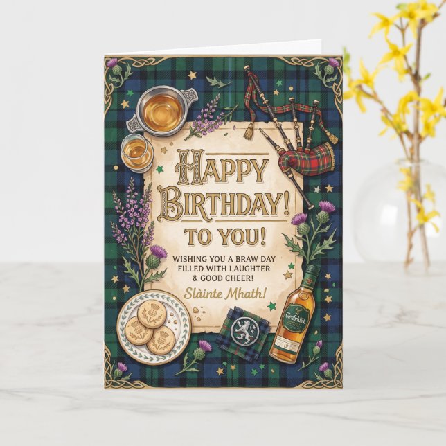 Cartão Aniversário de Whisky Escocês (Flor Amarela)