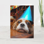 Cartão Aniversário descuidado do Spaniel de rei Charles<br><div class="desc">Renae é um Spaniel de rei Charles descuidado. Você encontrará muitas fotografias de Renae e seu filho Joey nesta seção. Aqui esperas de Renae pacientemente com seu chapéu azul bonito do partido sobre para ajudar Joey a comer acima de todos os petiscos deliciosos amigáveis do cão, para comemorar seu aniversário....</div>