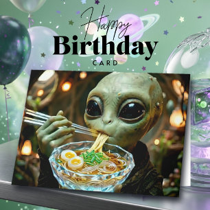 Cartão Aniversário Divertido de Alien e Ramen