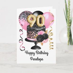 Cartão Aniversário do 90 Dourado rosa e preto