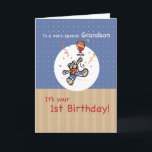 Cartão Aniversário do balão do urso de ursinho do neto ø<br><div class="desc">Bolinhas e um urso de ursinho doce em um fundo marrom,  branco e azul macio. Vem com um balão grande e muitos confetes coloridos para seu neto. Uma maneira maravilhosa de enviar seus cumprimentos em seu primeiro aniversario.</div>
