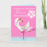 Cartão Aniversário do balé de água<br><div class="desc">Watercolor Whimsy Swan personalizou o nome e o cartão de aniversário. Personalize com seu próprio nome e idade, lê para nossa linda neta Felicia 10 e mensagem dentro diz que esperamos que você tenha um dia maravilhoso! Bonito tons de rosa, azul-aqua e branco. Outros itens de baleia dançante correspondentes disponíveis....</div>