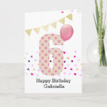 Cartão Aniversário do Bolinhas de 6 de Confetti Rosa<br><div class="desc">Um cartão de aniversário colorido de 6 cor-de-rosa para meninas, que você pode personalizar com o nome dela. A frente deste cartão de aniversário colorido de 6 para ela apresenta o número seis em uma bolinhas rosa com um balão cor-de-rosa pronto para flutuar.O plano de fundo tem um confetti colorido...</div>