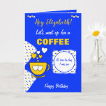 Cartão Aniversário do Café Azul e Amarelo e Amigos<br><div class="desc">Personalize este cartão de saudação de aniversário com um nome e altere o outro texto,  se preferir.
Projetado em azul e amarelo com uma xícara de café,  bolinhas e corações de amor.
Trate seu melhor amigo para um café.</div>