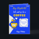 Cartão Aniversário do Café Azul e Amarelo e Amigos<br><div class="desc">Personalize este cartão de saudação de aniversário com um nome e altere o outro texto,  se preferir.
Projetado em azul e amarelo com uma xícara de café,  bolinhas e corações de amor.
Trate seu melhor amigo para um café.</div>