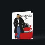 Cartão Aniversário do Casaco Negro Filho-Americano<br><div class="desc">Este cartão de Dia de Aniversário legal apresenta um macho afro-americano com um casaco preto,  jeans e uma gravata. Mande um cartão para seu filho que é relacionável e expressa sua mensagem da maneira que você desejava.</div>