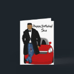 Cartão Aniversário do Casaco Negro Filho-Americano<br><div class="desc">Este cartão de Dia de Aniversário legal apresenta um macho afro-americano com um casaco preto,  jeans e uma gravata. Mande um cartão para seu filho que é relacionável e expressa sua mensagem da maneira que você desejava.</div>