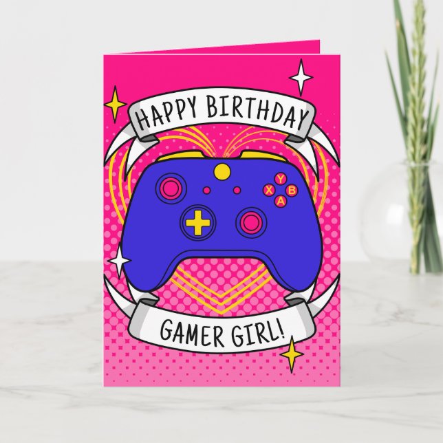Cartão Aniversário do Controlador Azul Gamer Girl (Frente)