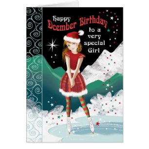 Cartão Aniversário do Dezembro, Garota em Skates de Gelo