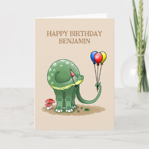 Cartão Aniversário do Dinossauro segurando Balões