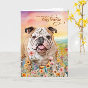 Cartão Aniversário do English Bulldog no Campo de Flores 