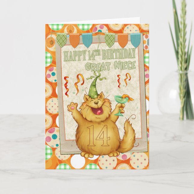 Cartão Aniversário do excelente Niece 14 com Gato De Fest (Frente)