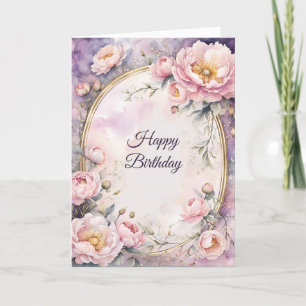 Cartão Aniversário do Frame Oval de Peony Rosa Elegante