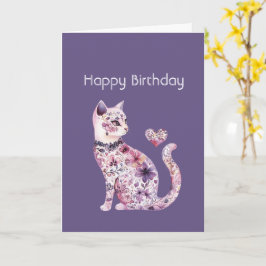 Cartão Aniversário do Gato do Coração Floral Roxo Rosa