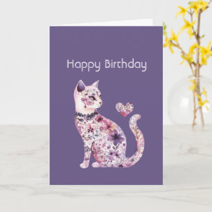 Cartão Aniversário do Gato do Coração Floral Roxo Rosa