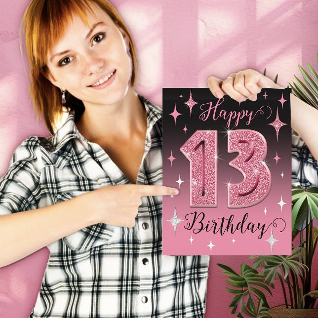 Cartão Aniversário do Grande 13 Rosa Glitter (Criador carregado)