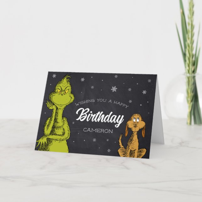 Cartão Aniversário do Grinch no Quadro Negro (Frente)